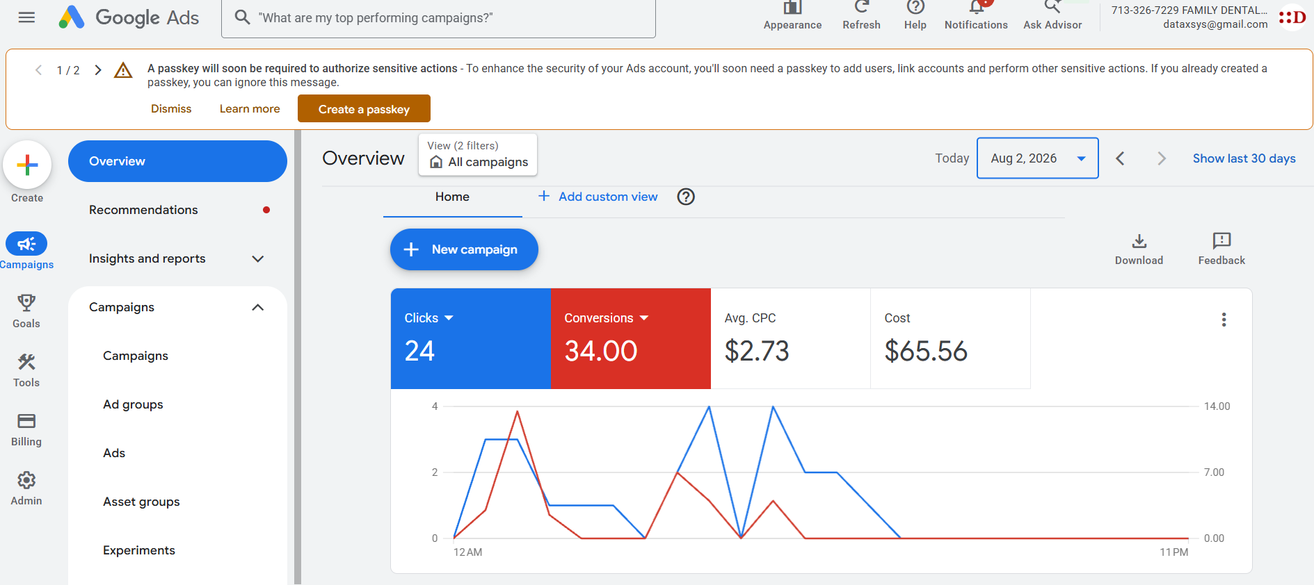 Google Ads reporting dashboard showing clicks, conversions, cost, and campaign trends