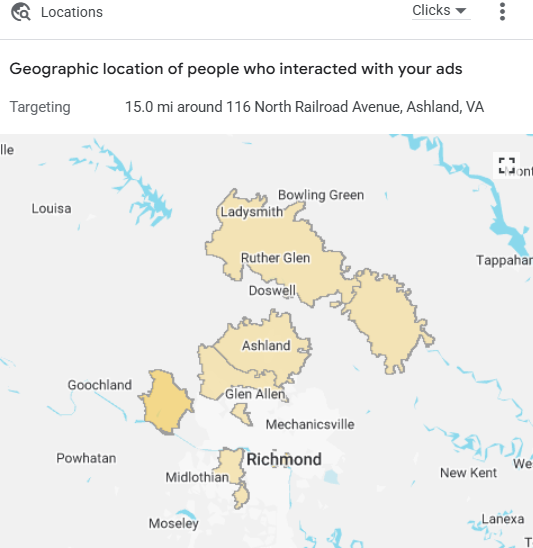 Google Ads geographic report showing customer interaction locations around Ashland and Richmond